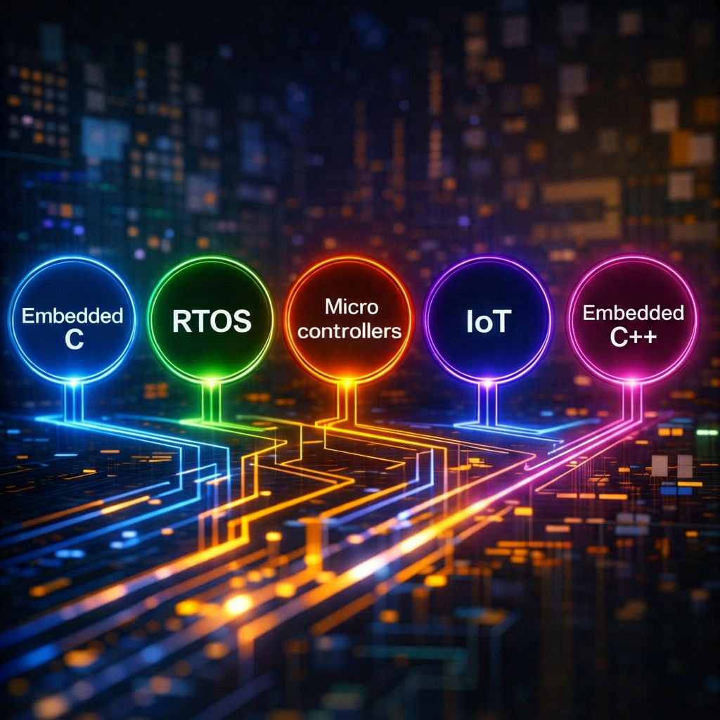 Logos of Coursera, Khan Academy, Udemy, edX, LinkedIn Learning, and Skillshare connected by glowing neon digital lines