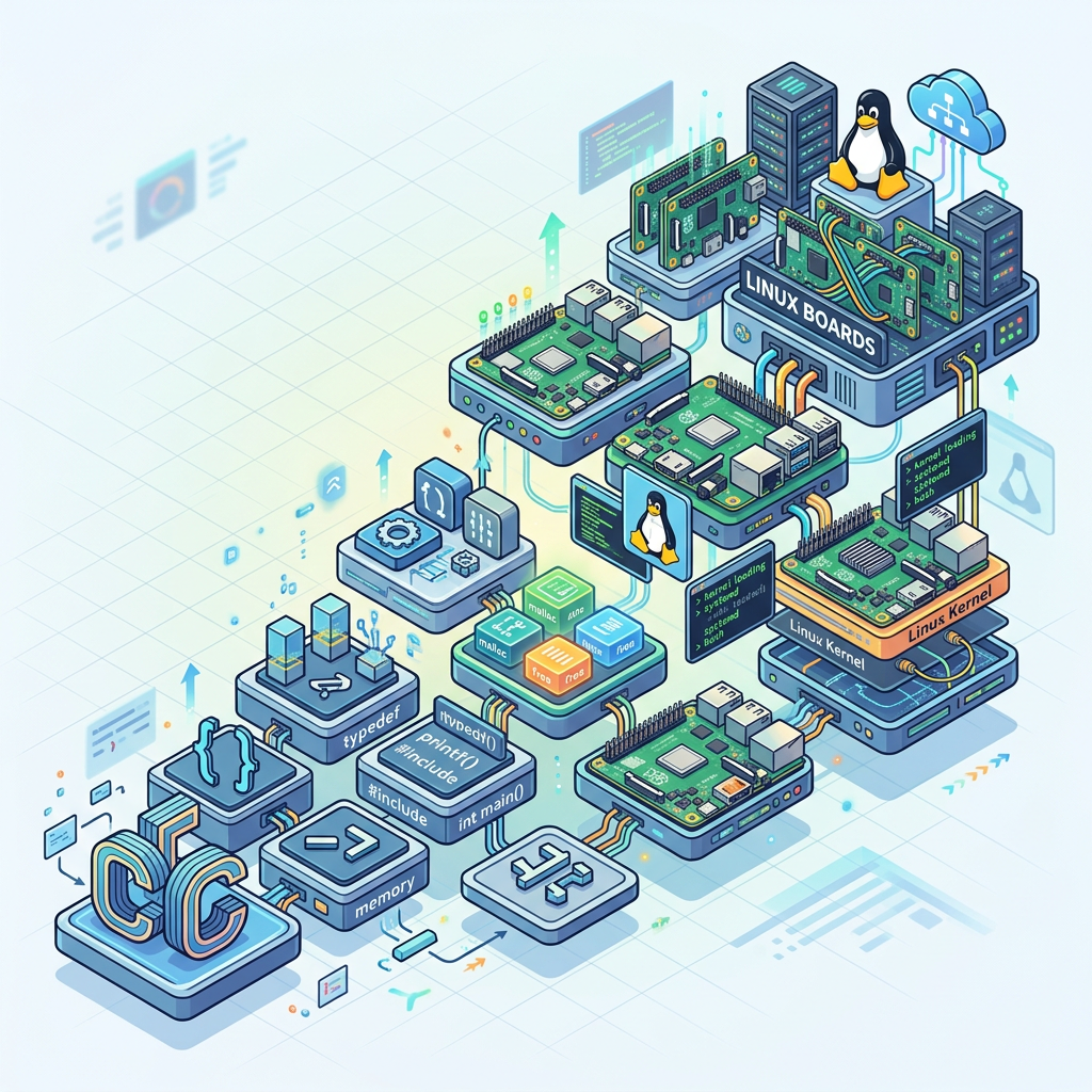 Diagram showing Linux kernel, Linux boards, hardware components, and software elements interconnected