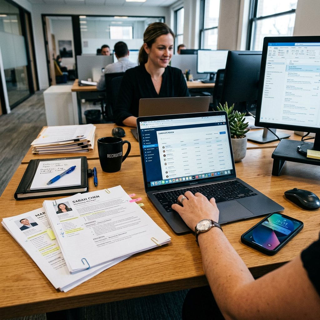 Desk with laptop showing candidate review software, resumes, and a recruiter working