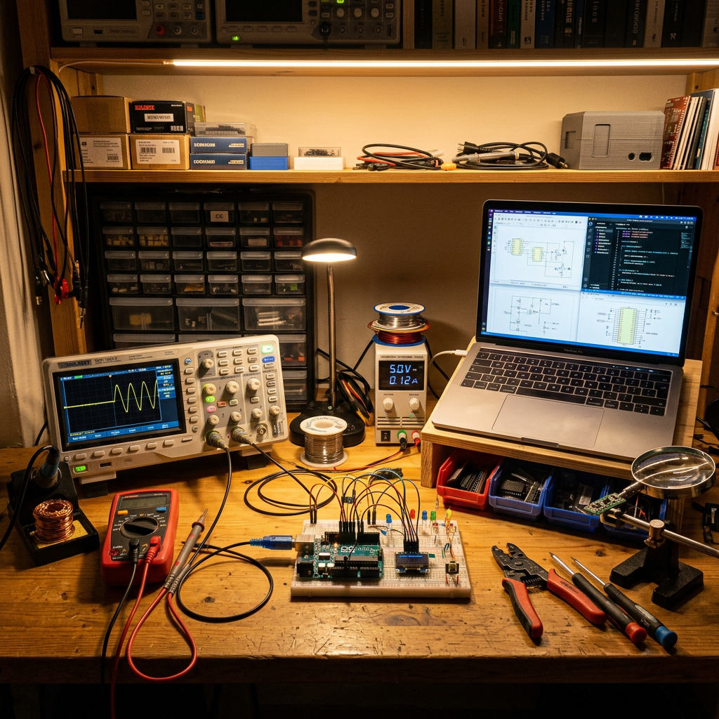 Electronics workbench with oscilloscope, multimeter, power supply, microcontroller breadboard, and laptop showing circuit diagrams